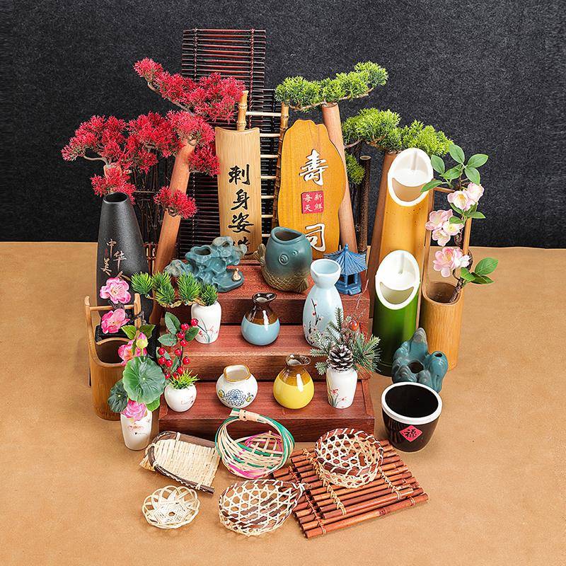 刺身摆盘装饰品日料盘式摆件三文鱼海鲜姿造拼盘干冰小壶花草点缀