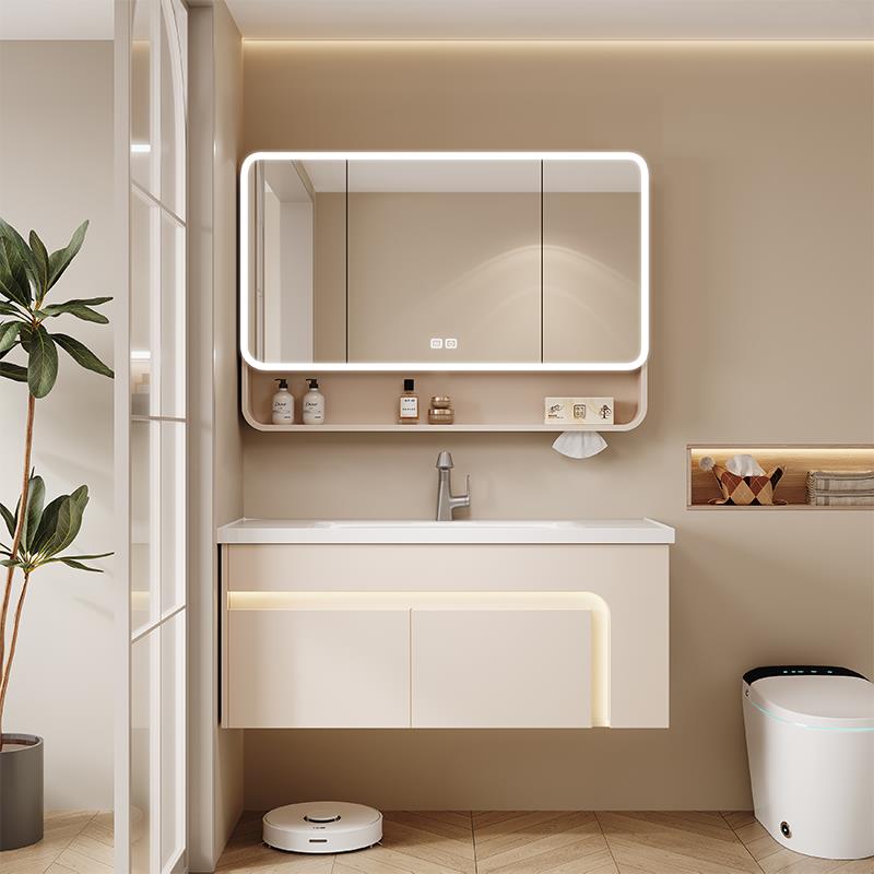 蜂窝铝奶油风35cm浴室柜小户型陶瓷一体盆带侧边收纳超窄40cm宽45