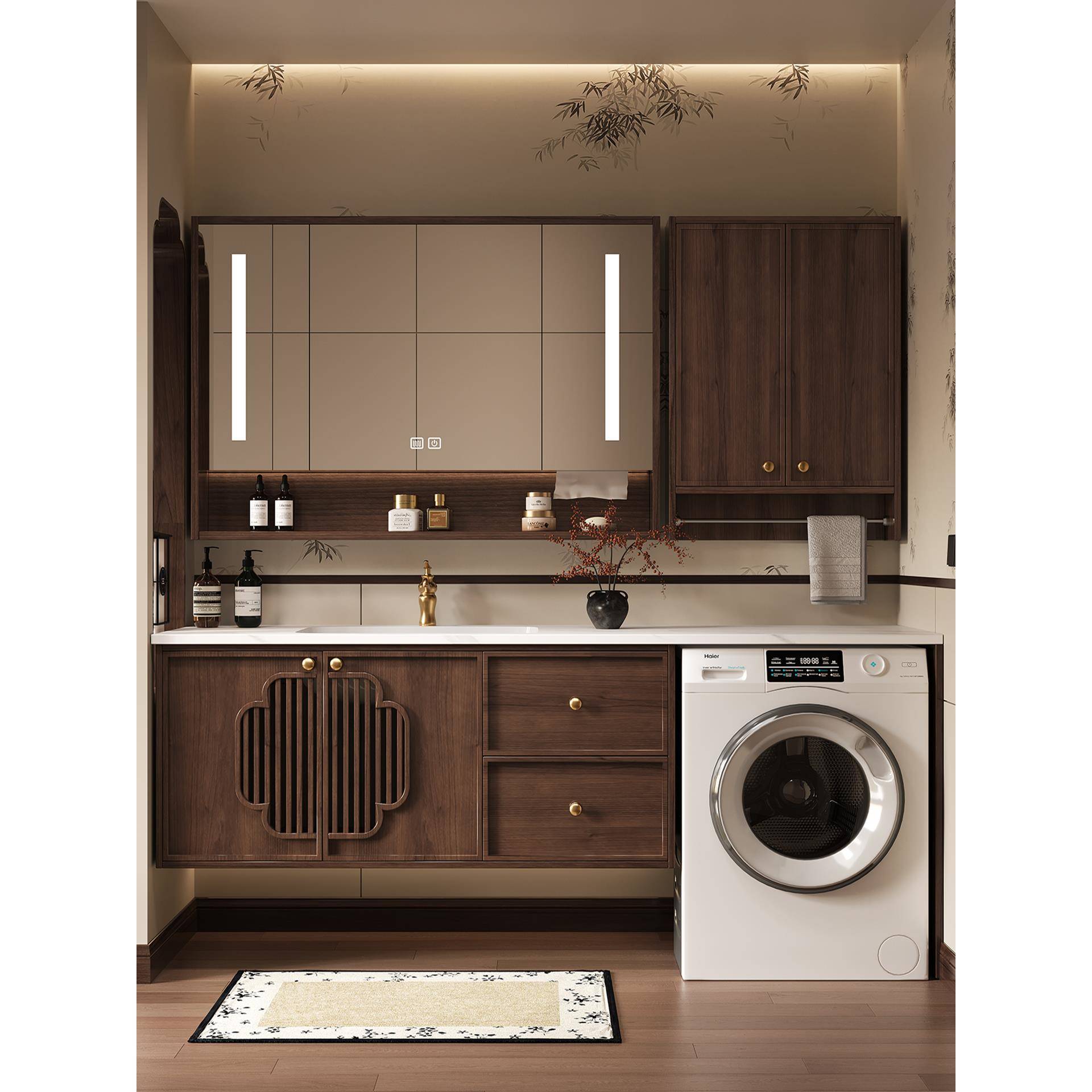 宋式美学阳台洗衣机一体柜浴室柜组合橡木卫生间洗漱台洗手洗脸盆