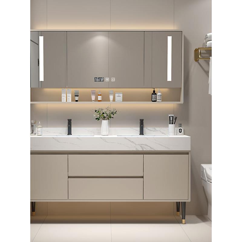 岩板无缝一体双盆浴室柜组合现代简约卫生间洗漱台洗手脸盆柜落地