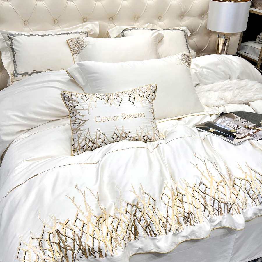 高端欧式奢华简约样板房140S全棉四件套刺绣纯色被套床单床上用品