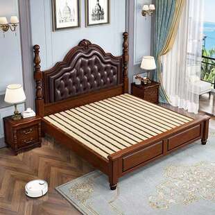 美式乡村实木床1.8米软靠双人床婚床罗马柱美式气压高箱床抽屉床