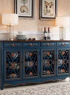 至高美式奢华餐边柜实木抽屉碗柜复古蓝色法式酒柜镂空玄关柜鞋柜