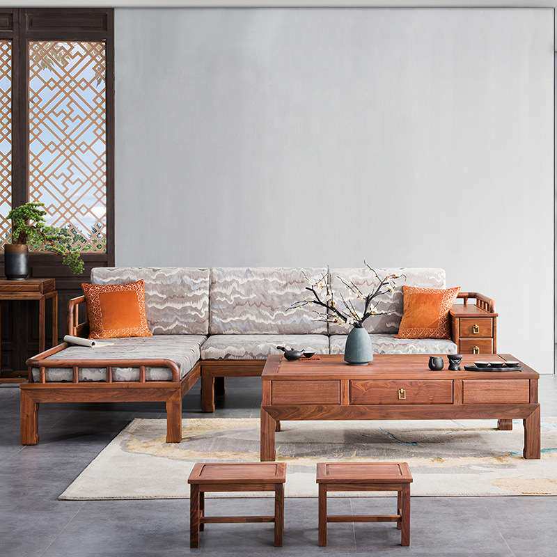 北美黑胡桃新中式家具，中式贵妃沙发，实木客厅组合布艺沙发红色