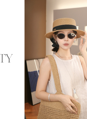 TAIYI韩系夏季草帽优雅平顶帽度假遮阳法式简约百搭礼帽英伦帽