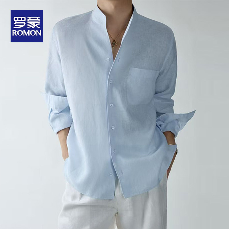 罗蒙官方男士极简小V领衬衫夏季薄款透气防晒长袖老钱风休闲寸衣