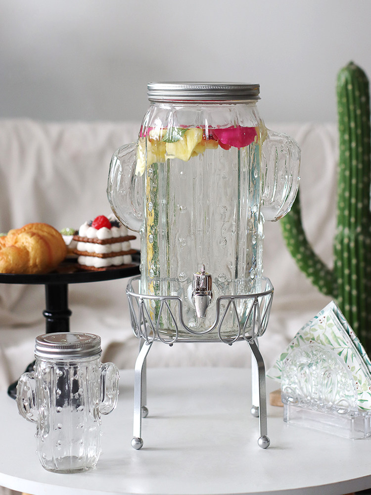 仙人掌玻璃果汁罐水杯套装啤酒桶带龙头饮料果茶泡酒瓶调酒可乐桶