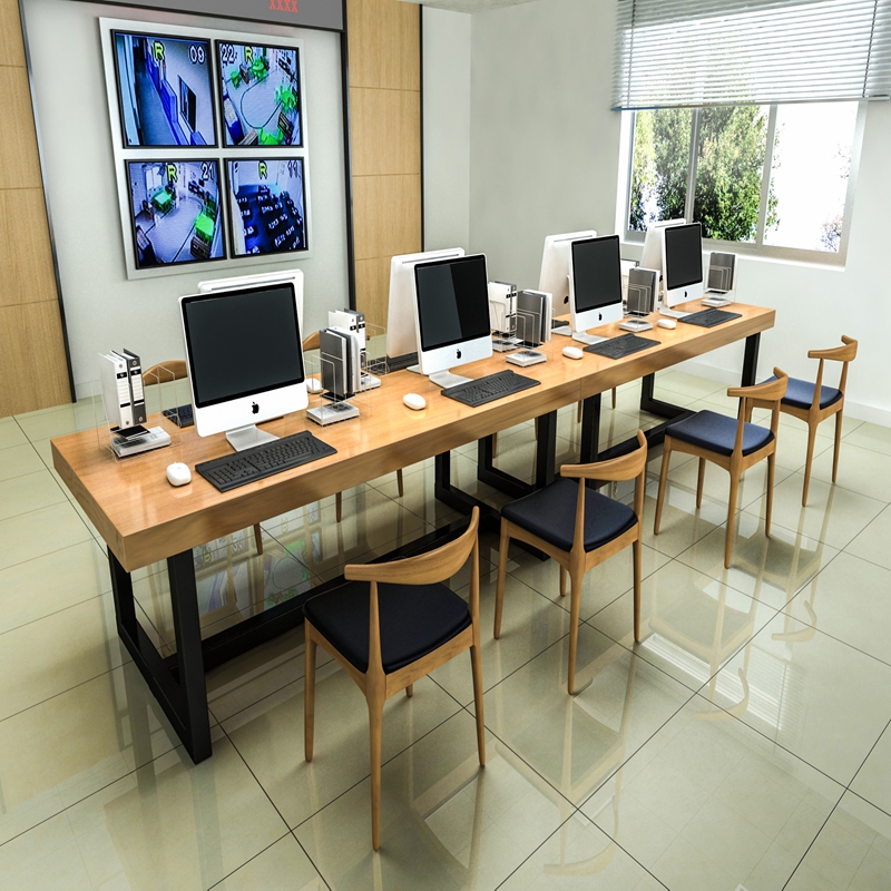 北欧实木长方形工作台会议桌电脑桌台式工业风铁艺办公桌椅组合