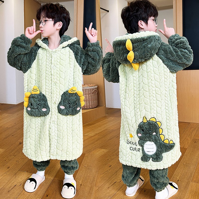 2024新款儿童睡衣男孩秋冬季加绒加厚珊瑚绒男童睡袍冬款男孩套装