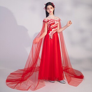 女童弹古筝演出服中国风艺考红色主持表演服水墨千里江山儿童礼服