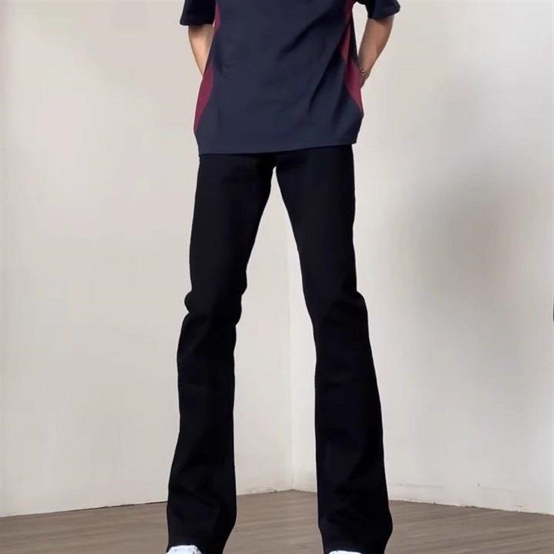 秋春款加长牛仔裤男190高个子窄版直筒微喇裤子115黑色显瘦弯刀裤