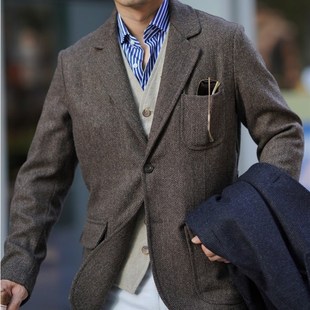 秋冬英伦复古大叔粗花呢羊毛人字纹猎装 潮男 休闲西服外套男加大码