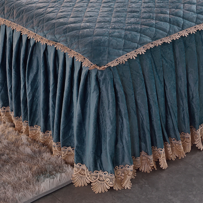 2020新款床罩床裙式单件水晶绒蕾丝珊瑚夹棉加厚床套防滑高端床群
