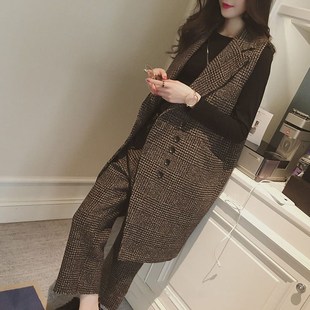 春秋2024时尚 套装 气质洋气大码 马夹阔腿裤 毛呢西装 马甲两件套女款