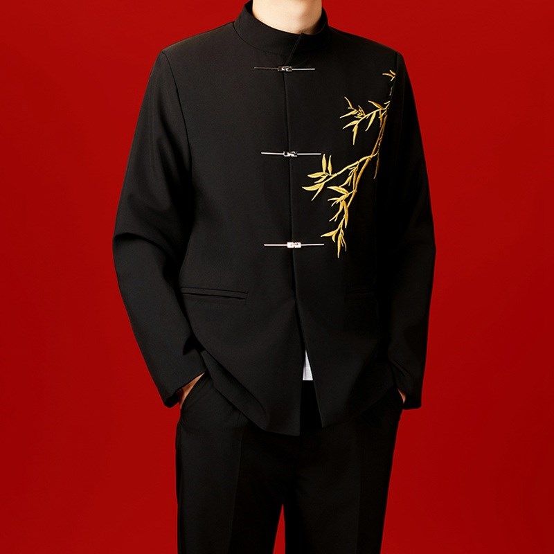 新中式国风套装男垫肩外套毕业班服合唱演讲拍照新郎伴郎结婚礼服