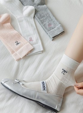 春夏无骨蝴蝶结长袜芭蕾风JK中筒袜甜美少女薄款网眼抗起球堆堆袜