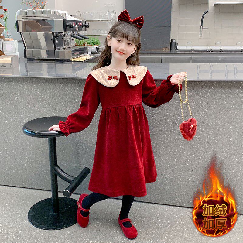 女童红色连衣裙冬季加绒新年裙子2025新款女孩公主裙儿童拜年衣服