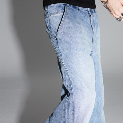【PacShop】.pac 冰蓝宽松直筒拼条小破坏做旧牛仔裤