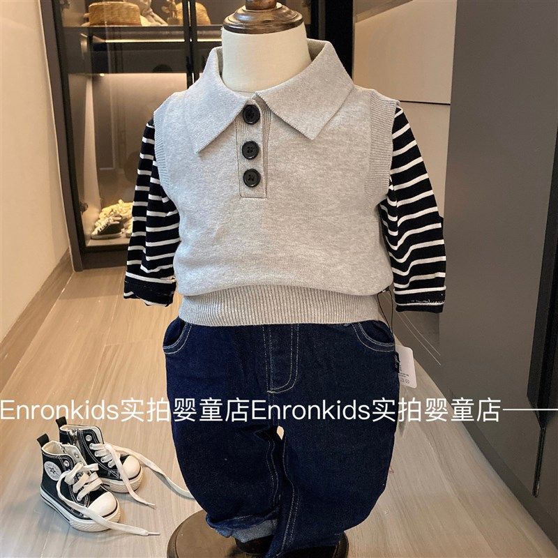 小童秋季马甲Polo翻领针织背心无袖上衣男宝宝春秋款棉线百搭毛衣
