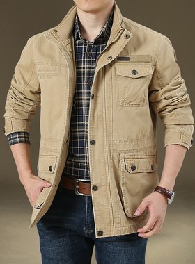 2024春秋户外休闲夹克男宽松大码纯棉中长款水洗多口袋外套工装潮