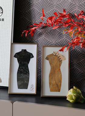 大理石旗袍相框金属框摆件新中式复古创意样板间电视柜桌面装饰品