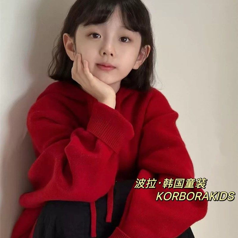 2024冬装波拉韩国童装实体店男童女生红色毛衣新年拉链连帽针织衫