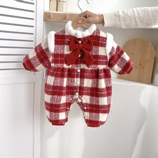 婴儿衣服加厚连体外出女宝宝冬装新年拜年过年洋气夹棉服一岁冬季