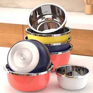 不锈钢盆厨房揉面盆彩色汤盆加深圆形油盆带盖盆子洗菜.盆大调料