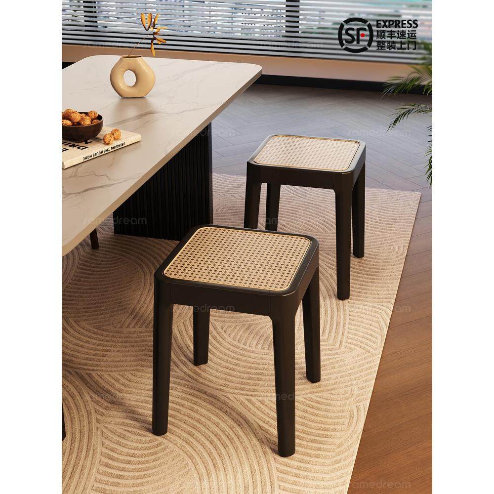 实木凳子家用可叠放中古藤编高板凳结实耐用方凳客厅餐桌备用椅子