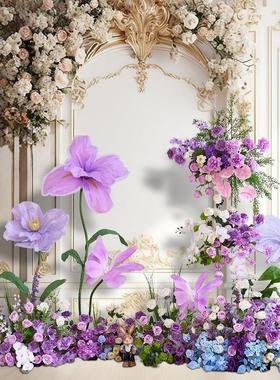 紫色大型纸艺花户外求婚场景布置eva彷生花落地摆件网红拍照道具