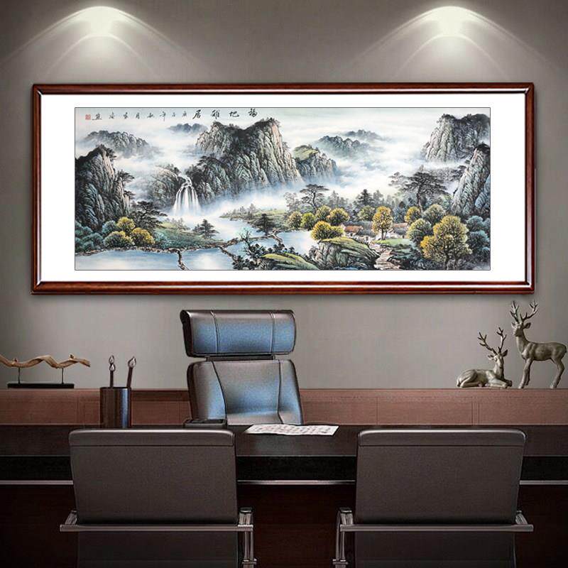 水墨画国画山水画手绘真迹客厅西墙挂画靠山图办公室流水生财字画