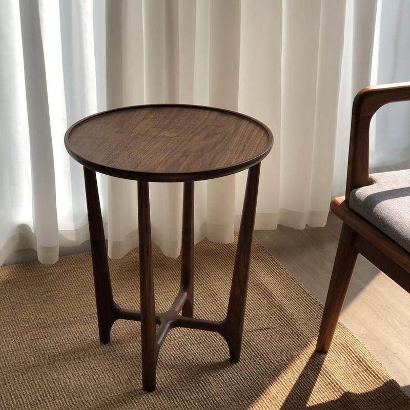 北美黑胡桃木沙发边几纯实木榫卯角几阳台小茶几床头边几圆形创意