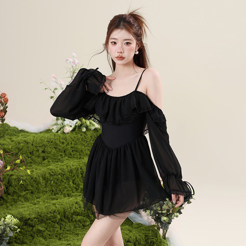 连体泳衣女夏2024新款微胖女孩遮肉高级感长袖保守裙式平角游泳装