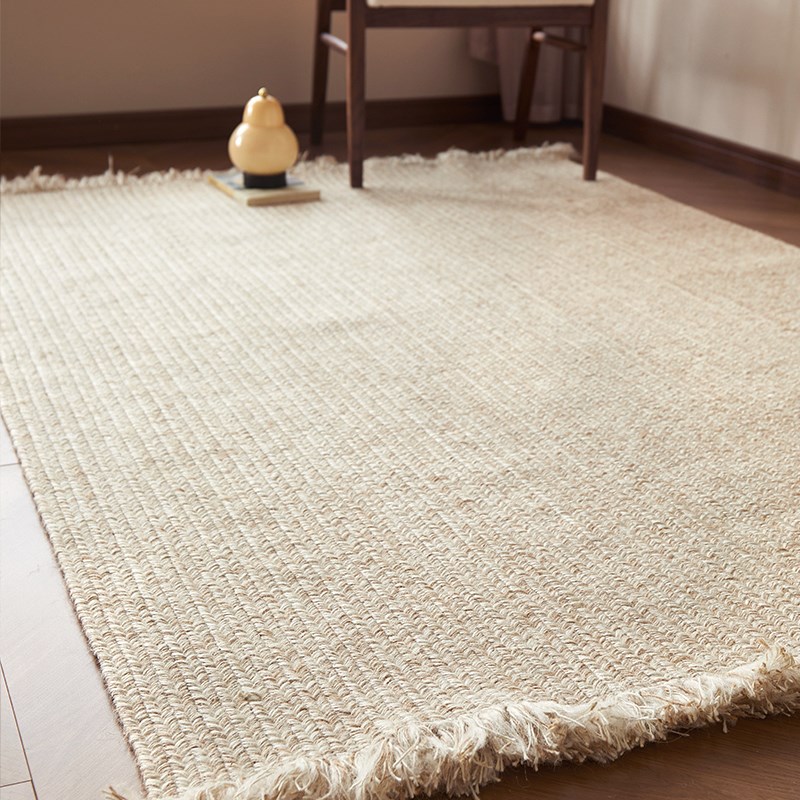 手工编织黄麻方形地毯沙发客厅家用奶油风高级床边卧室无胶流苏毯
