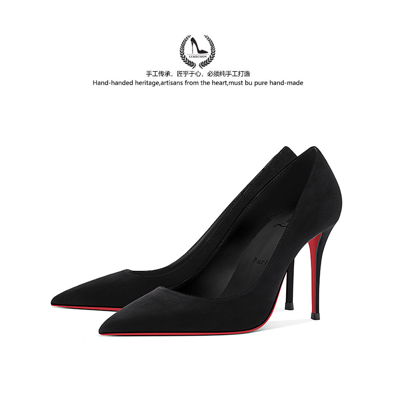 路客森尖头法式绒面CL红底高跟鞋D黑色职业鞋浅口气质不累脚单鞋