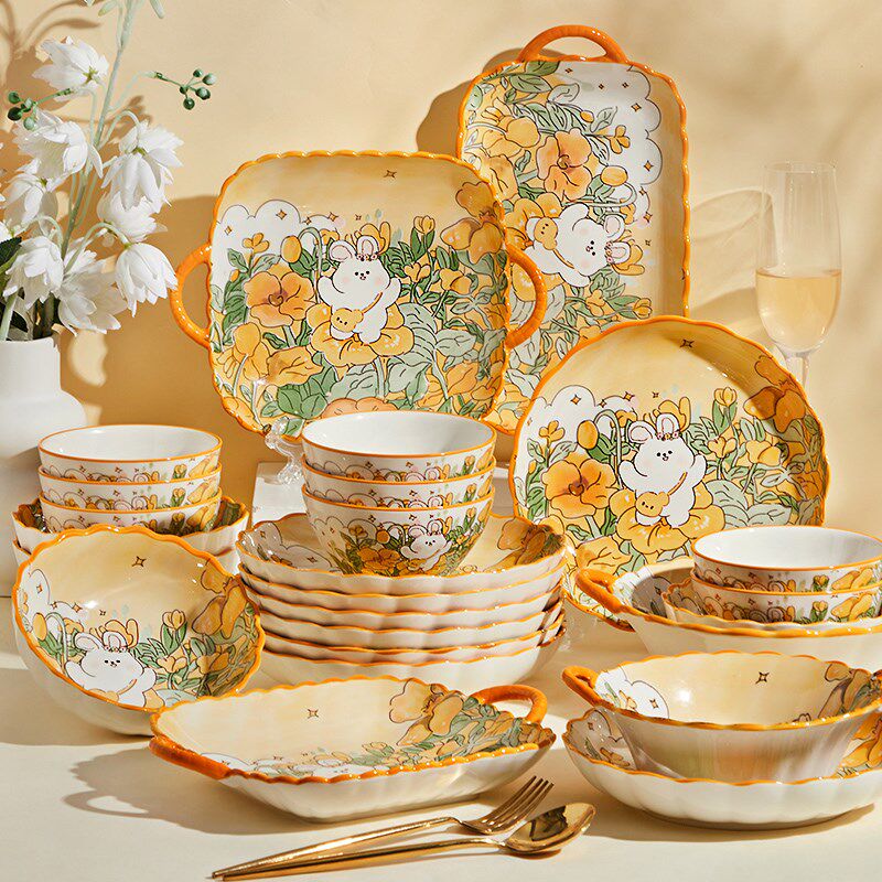 花中兔碗碟套装家用陶瓷盘子碗可爱E女生碗筷新婚乔迁餐具套装礼