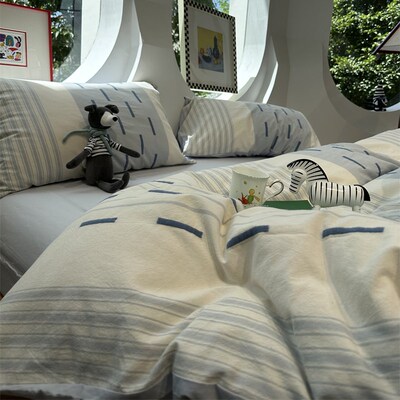 ins奶油风蓝色条纹mA版提花B版水洗棉四件套1.5m1.8米纯棉床单被