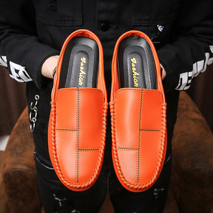 带皮鞋 男英伦没后跟包头试衣间无鞋 半拖休闲清凉豆豆鞋 发型师夏季