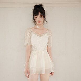 网红爆款 超仙女神范遮肉显瘦纯欲B高级感蕾丝保守荷叶边温泉泳衣