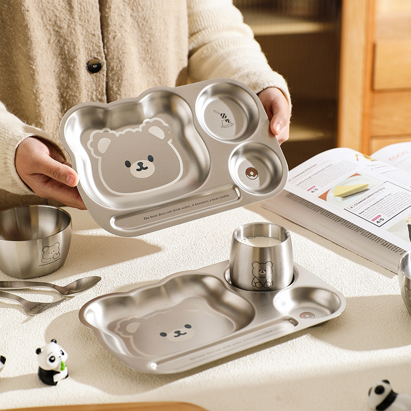 舍里 304不锈钢儿童餐盘分格早餐盘卡通家用防摔餐具套装宝宝小碗