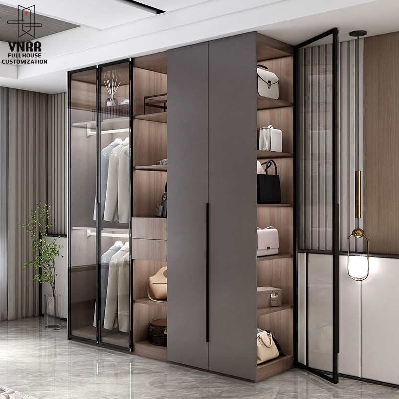 实木平开门衣柜家用卧室现代简约玻璃门衣帽间四五六门大衣橱定制