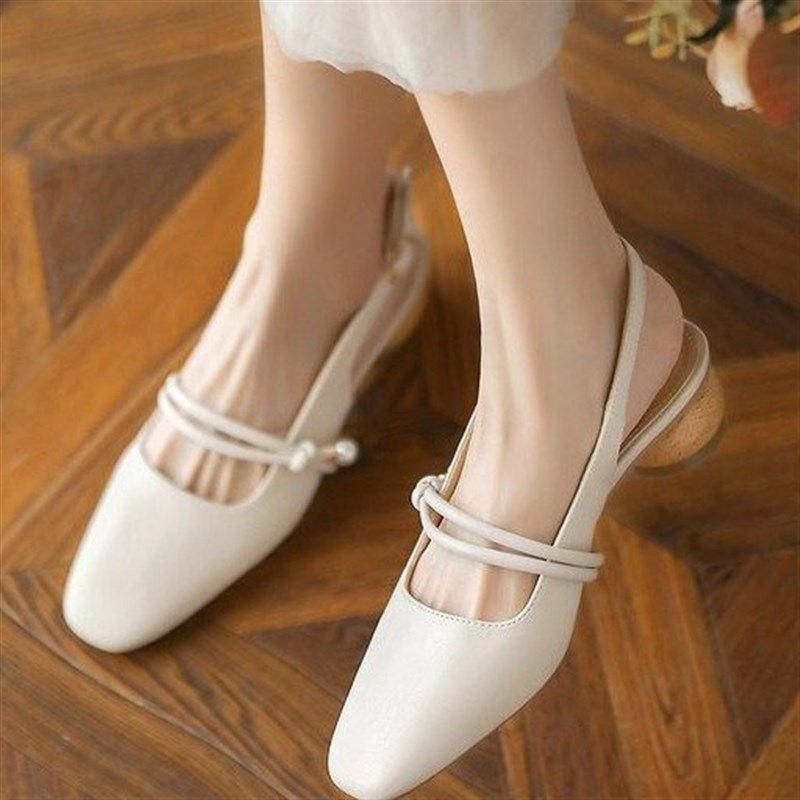 包头凉鞋女仙女风2025年夏季新款粗跟法式一字带珍珠中跟后空单鞋,女鞋,一字带凉鞋,淘宝优惠券,粉丝福利购,淘宝优惠卷