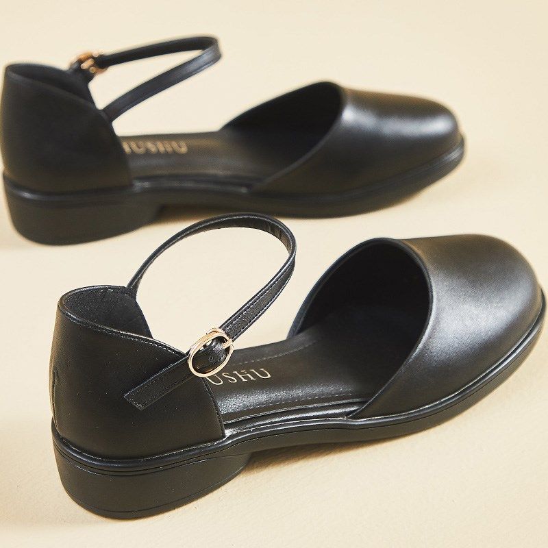 夏圆头黑色平底工作鞋包头中空女凉鞋厚底一字扣软皮软底妈妈女鞋