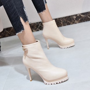 10厘米细跟超高跟鞋防水台短靴女2024秋冬季新款水钻搭扣马丁靴子