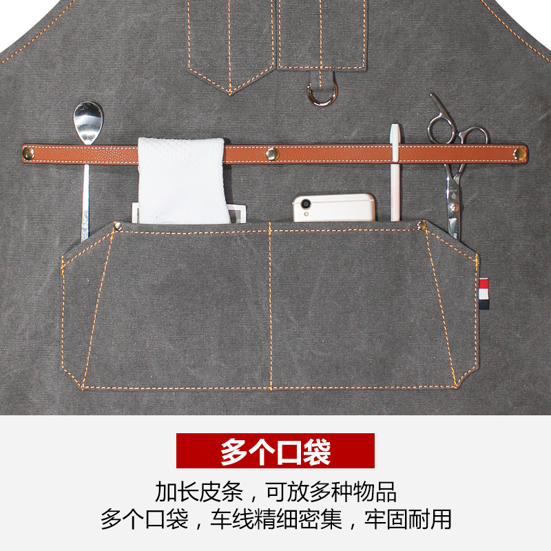 牛仔围裙2021年新款定制logo印字理发店发型咖啡师男工作服罩衣女