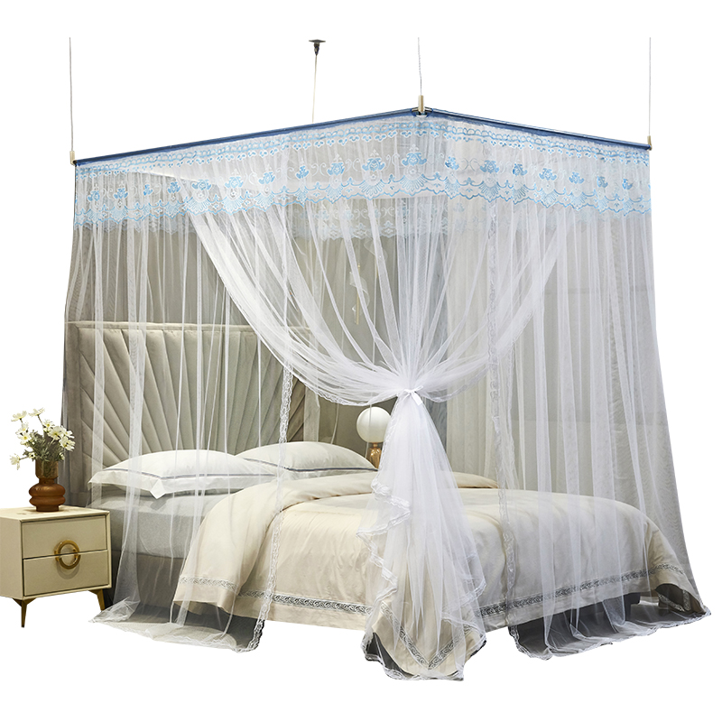 新款免安装吊顶挂绳式落地伸缩蚊帐家用卧室三开门公主风方便拆洗