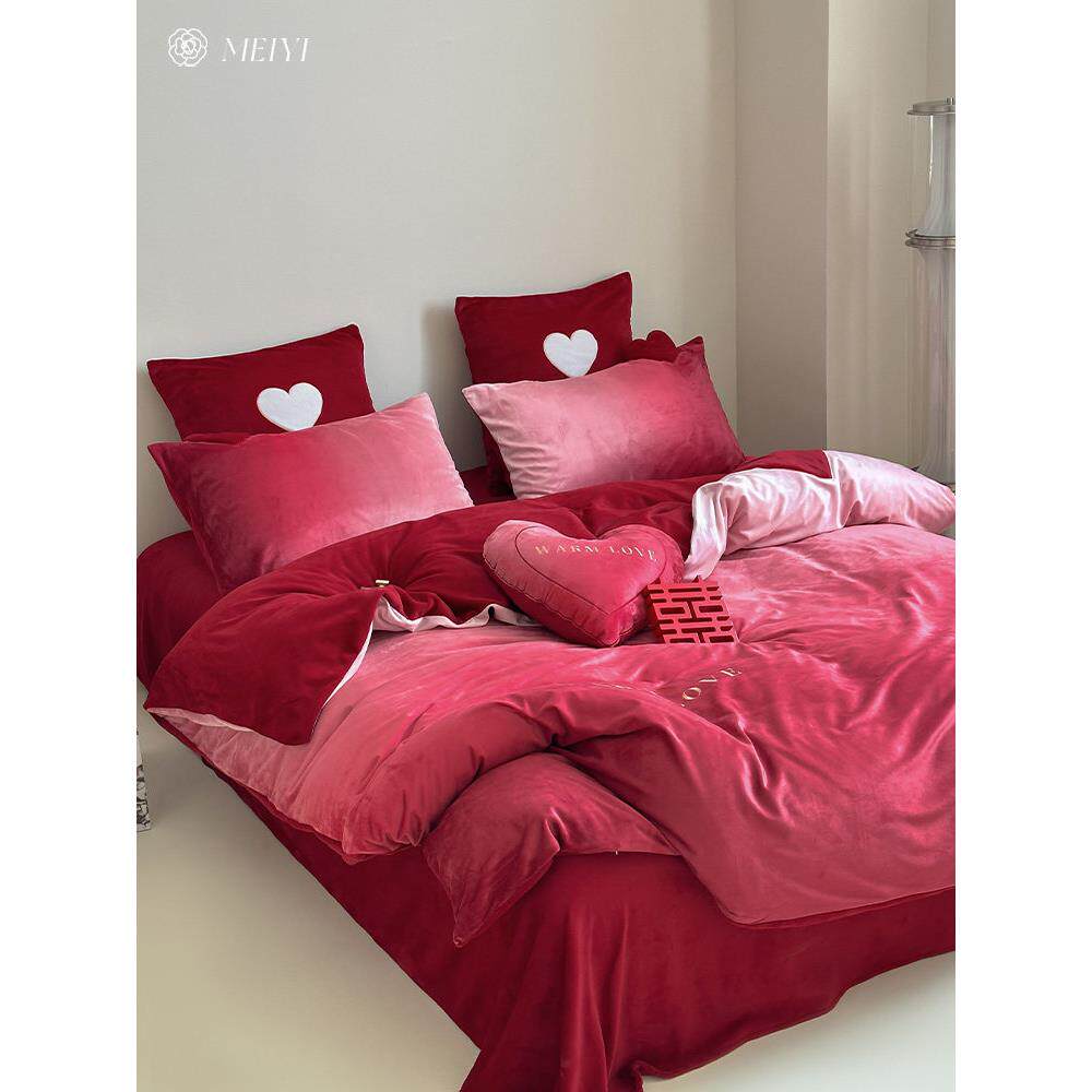 轻奢大红色结婚冬天牛奶绒四件套加厚加绒被套婚庆珊瑚绒床上用品