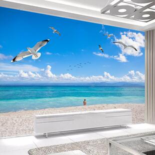 自粘墙贴画海景树林自然风景画客厅沙发电视背景墙壁画卧室壁纸