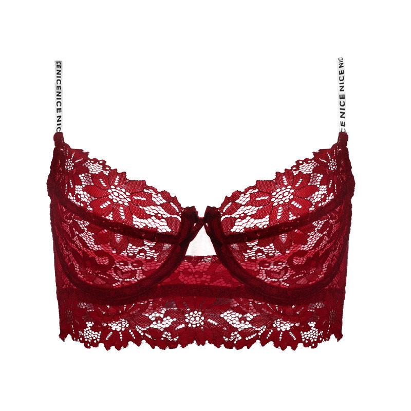 女士大胸显小薄款文胸美背聚拢超薄酒红色内衣结婚虎年本命年套装