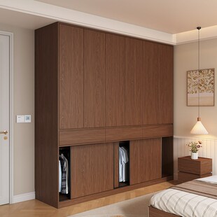 定制橡木推拉门衣柜到顶新款分段式平开推拉一体T小户型卧室衣橱